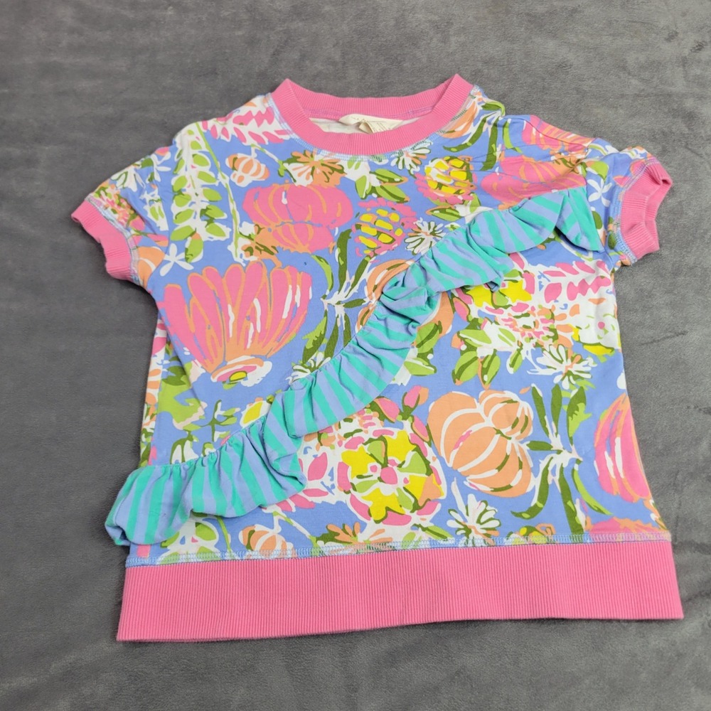 Matilda Jane Girls Floral Ruffle Short Sleeve Top Blue Pink Size 8 29141T